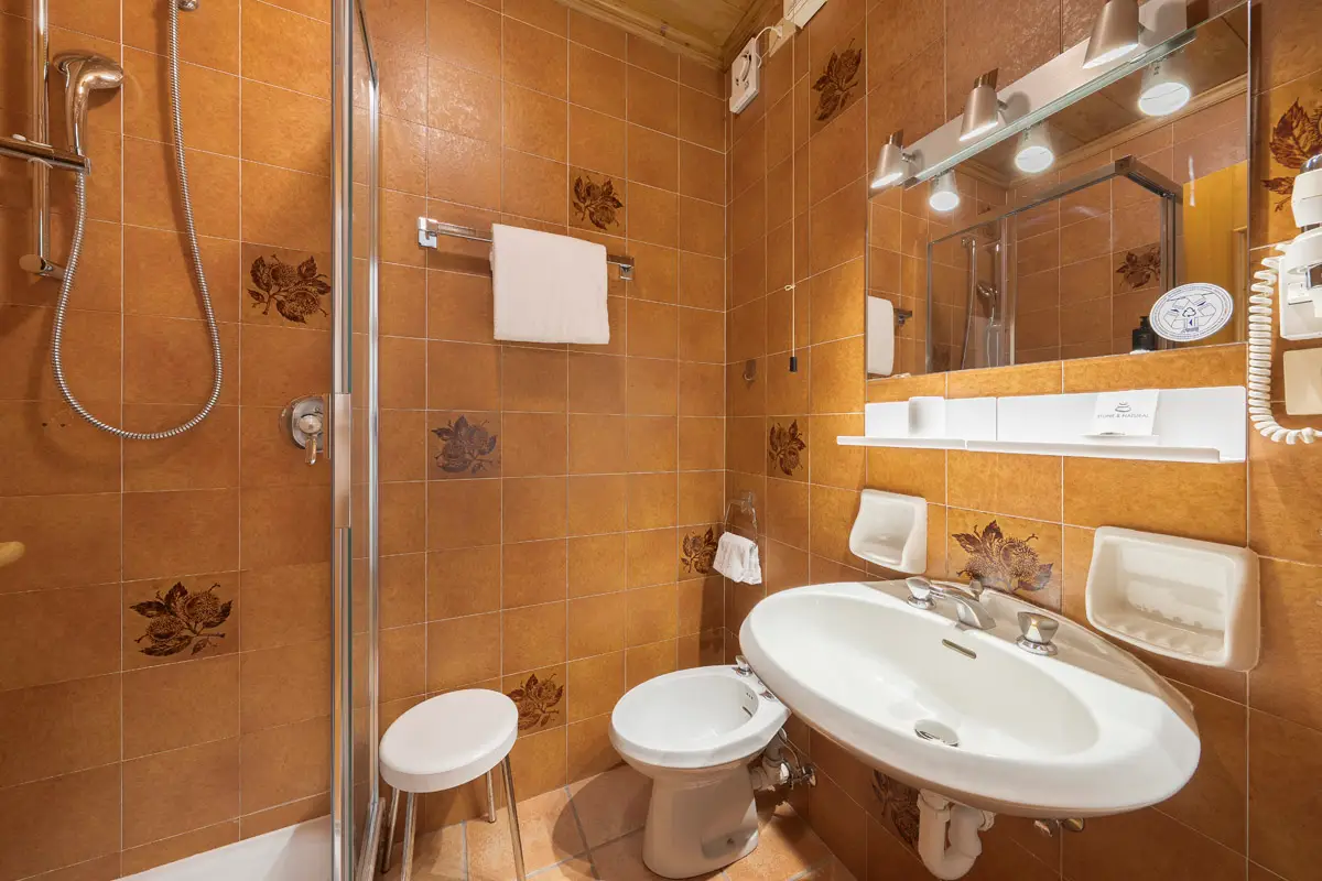 Bagno Singola Superior in stile vintage con doccia e lavabo classico. | Single Superior bathroom in vintage style with shower and classic sink.