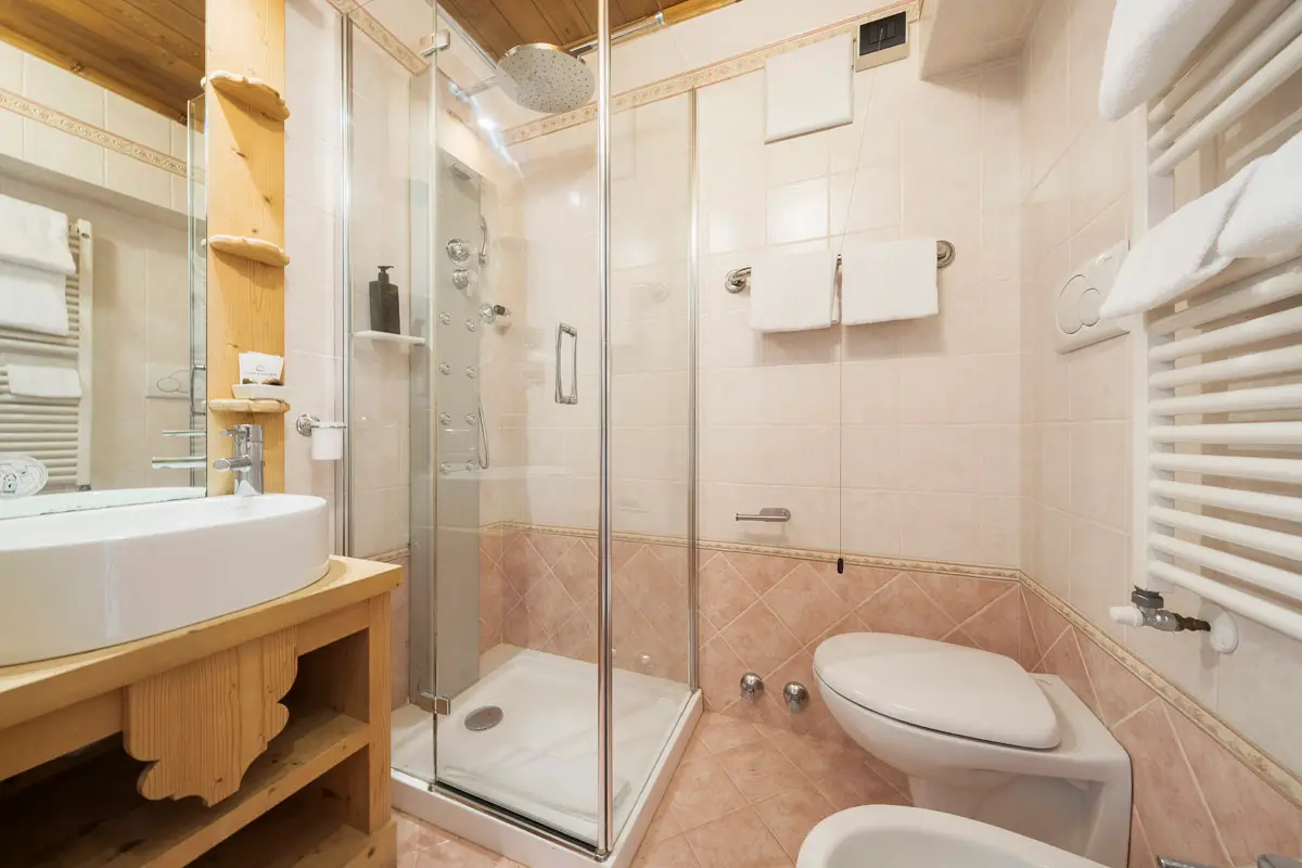 Bagno Classic Doppia — bagno con doccia multigetto e piastrelle chiare, Hotel Montana Cortina. | Classic Double Bathroom — bright bathroom with multi-jet shower, Hotel Montana Cortina.